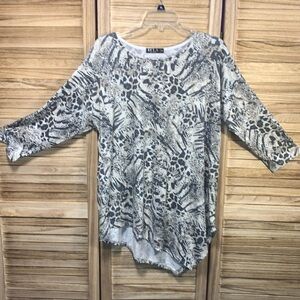 ECLA 3/4 Sleeve Tan Black Leopard Print Blouse Plus Size 2X Asymmetric